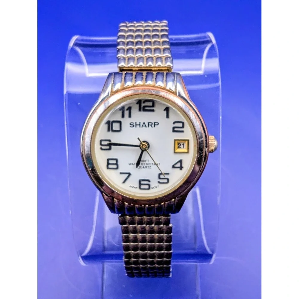 Sharp Ladies Watch Date Gold tone Stretch Band 5105 Vintage‎ New Batterry